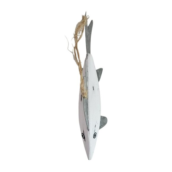 Christmas Ornament Fish White Wood Silver Metal Fins Lightweight Decor Distress - Picture 3 of 7
